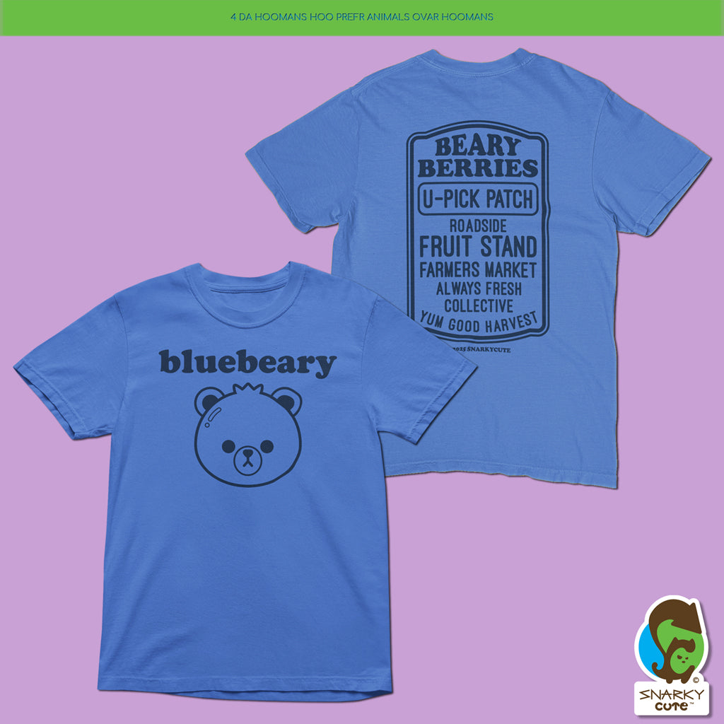 Blueberry Bear Fruit Stand T-Shirt – Comfort Colors Mystic Blue Tee with Front & Back Print