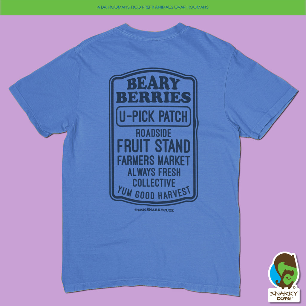Blueberry Bear Fruit Stand T-Shirt – Comfort Colors Mystic Blue Tee with Front & Back Print